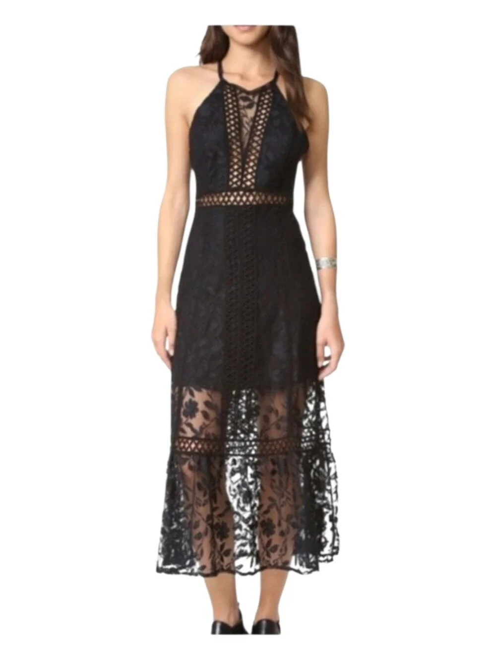 Free People Anastasia Black Lace Midi Dress Size 0